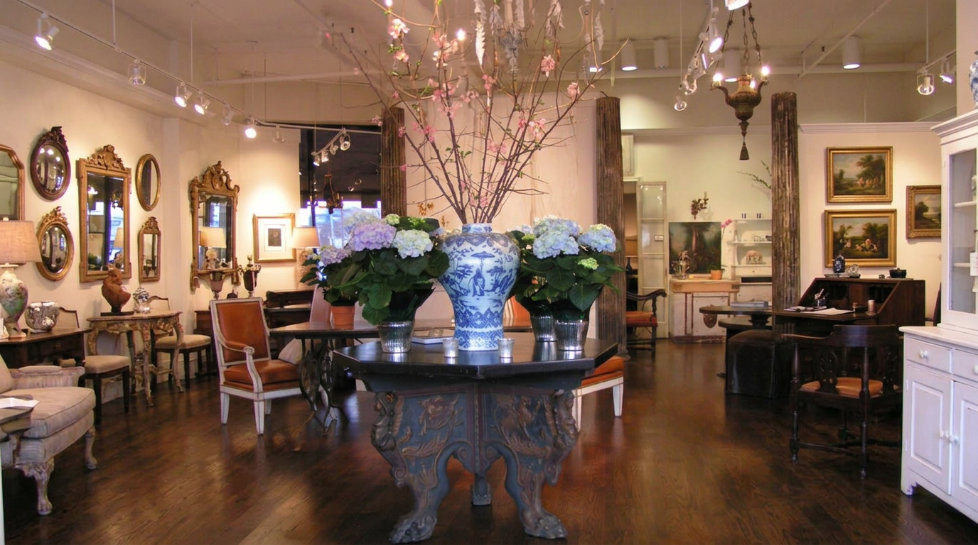 Marymont shop interior with a blue and white ginger jar of cherry blossoms on a carved console table